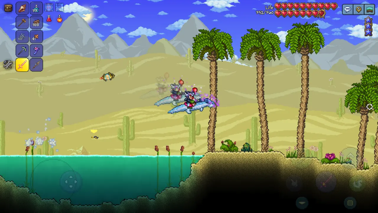 Captura de ecrã oficial de Terraria Mobile, exploração do bioma deserto